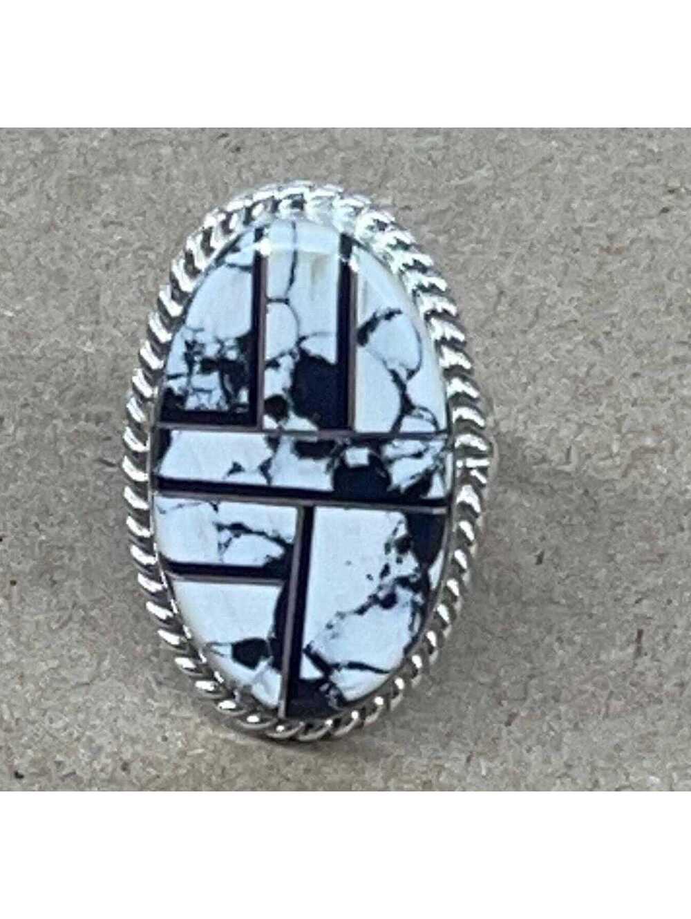 Navajo white buffalo turquoise oval cluster ring sterling silver size 8.5 -Joann